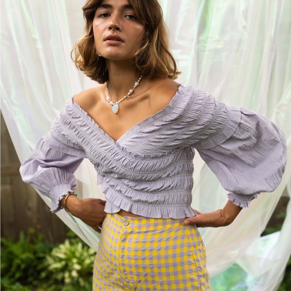 Smocked Off-Shoulder Crop Top in Lavender
